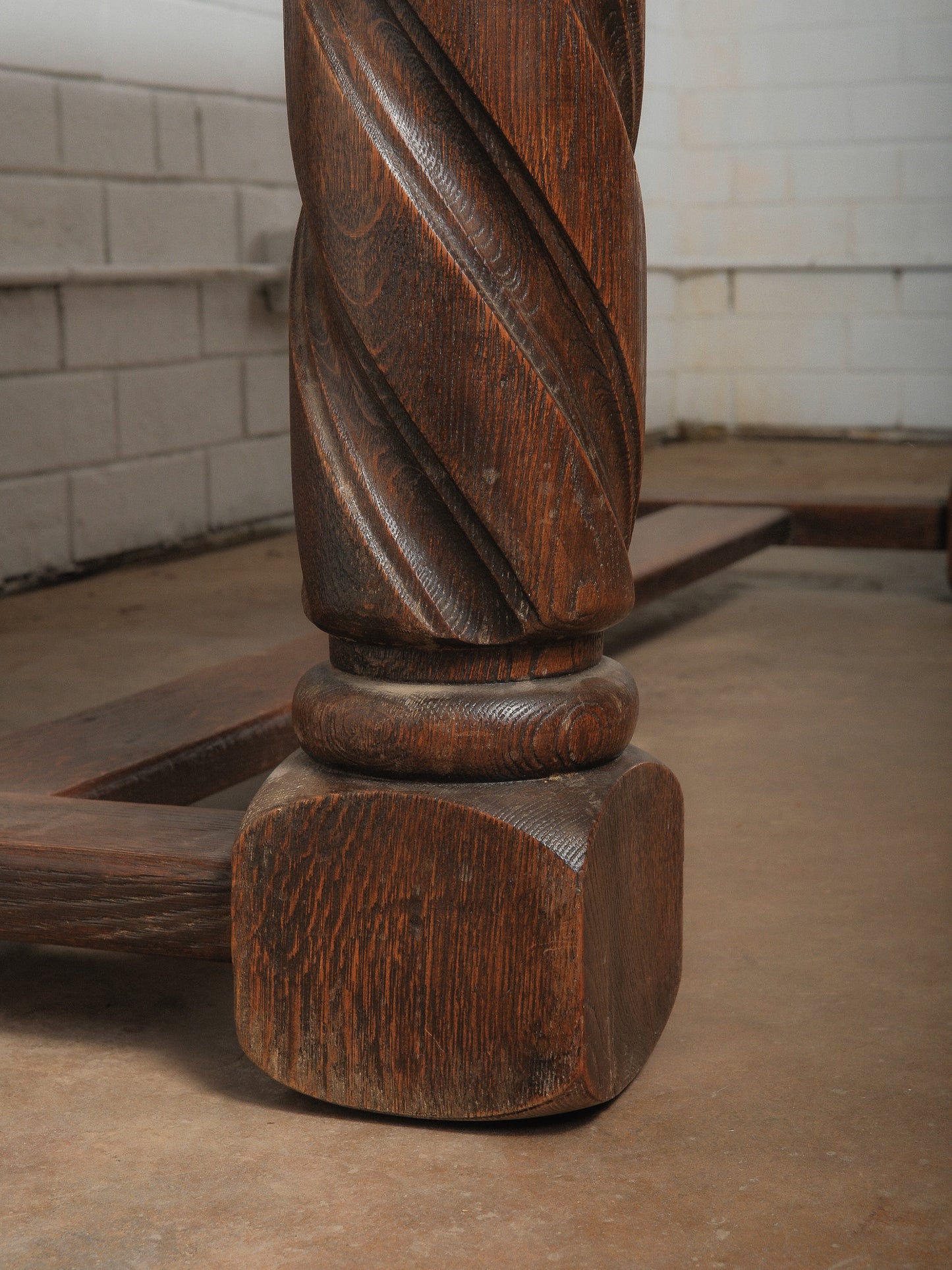 Antique Solid Oak Dining Table with Barley Twist Legs and Stretcher Base