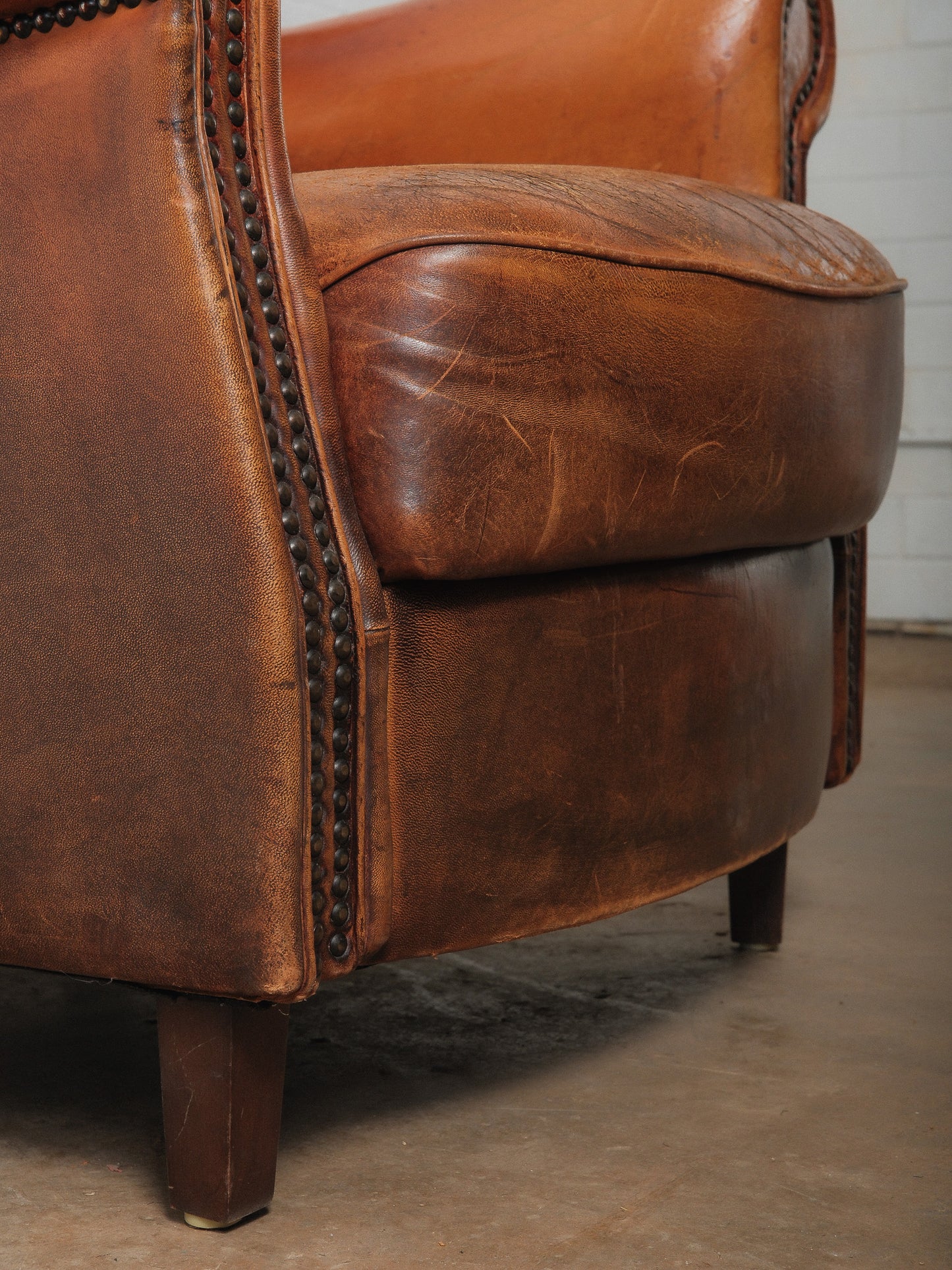 Antique French Leather Wingback Club Chair with Nailhead Trim