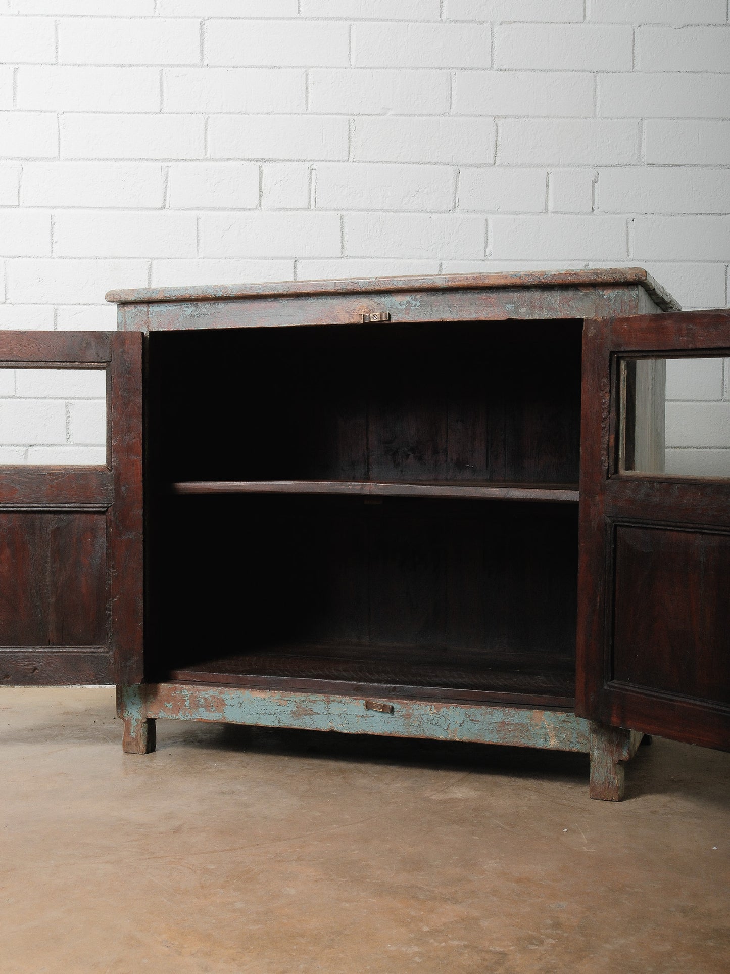 Rustic Glass-Front Distressed Teal and Red Painted Sideboard Storage Cabinet