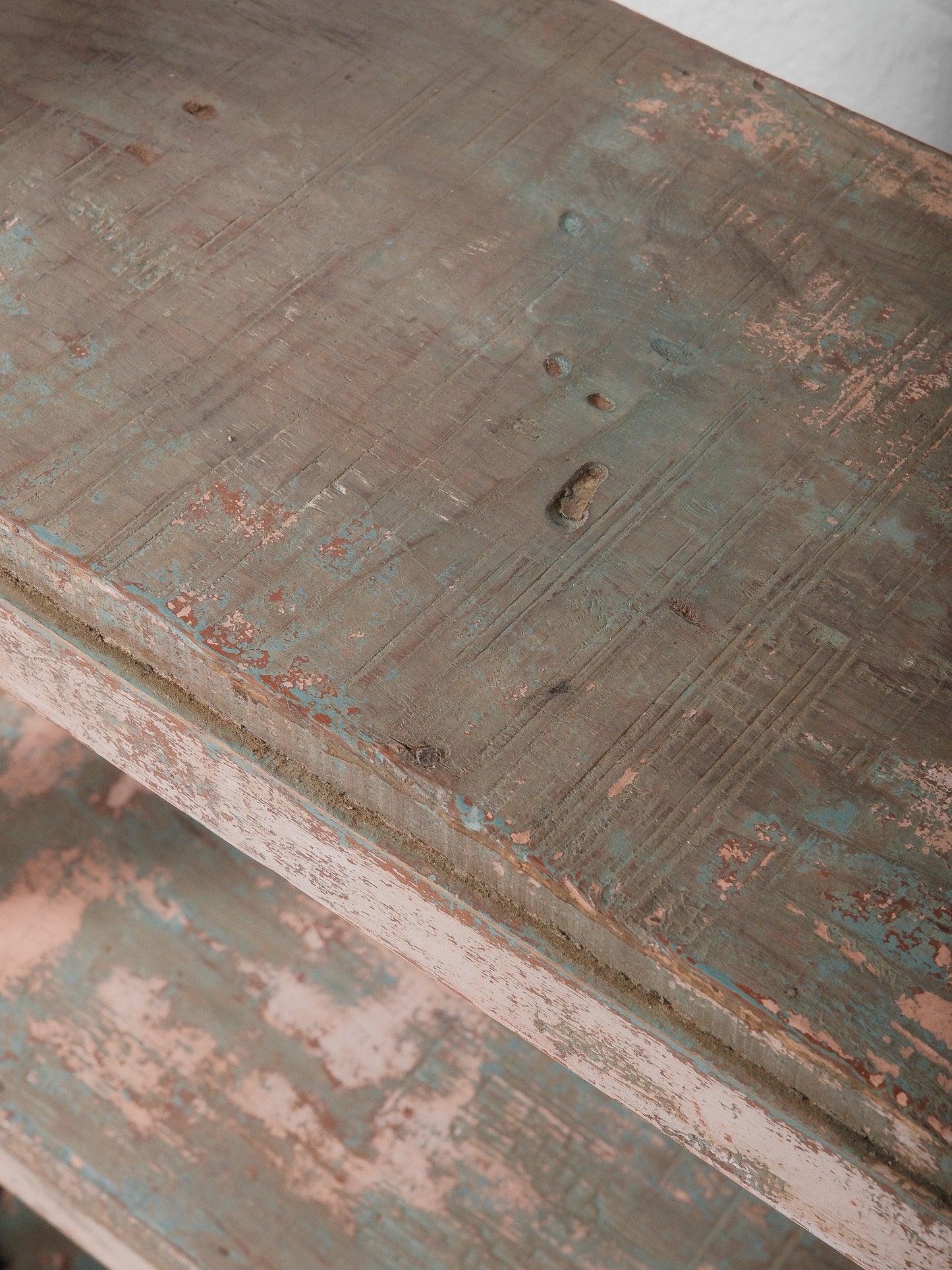 Distressed Pink and Teal Painted Wooden Shelf