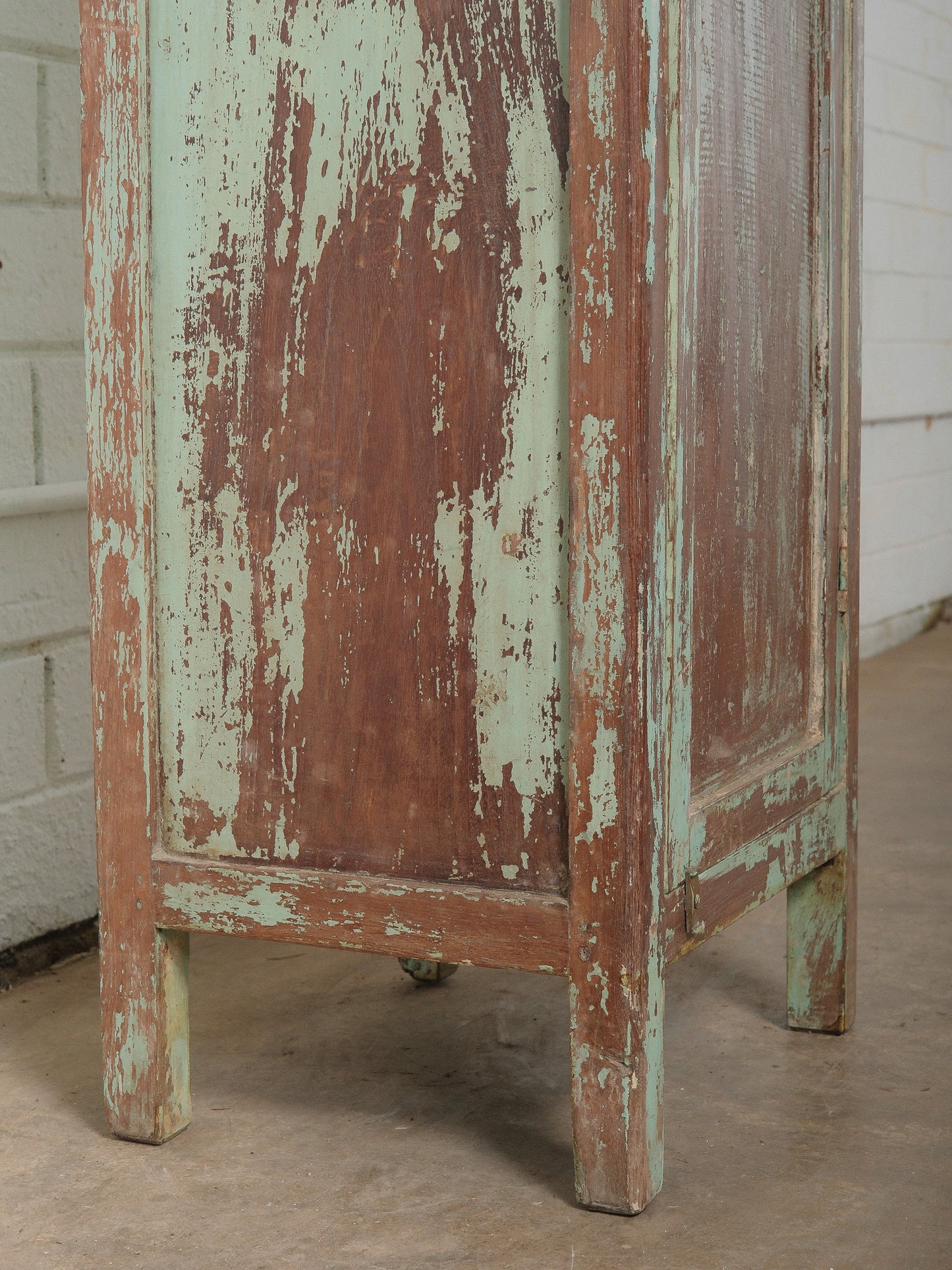 Narrow Wooden Locker with Chippy Seafoam Teal Paint
