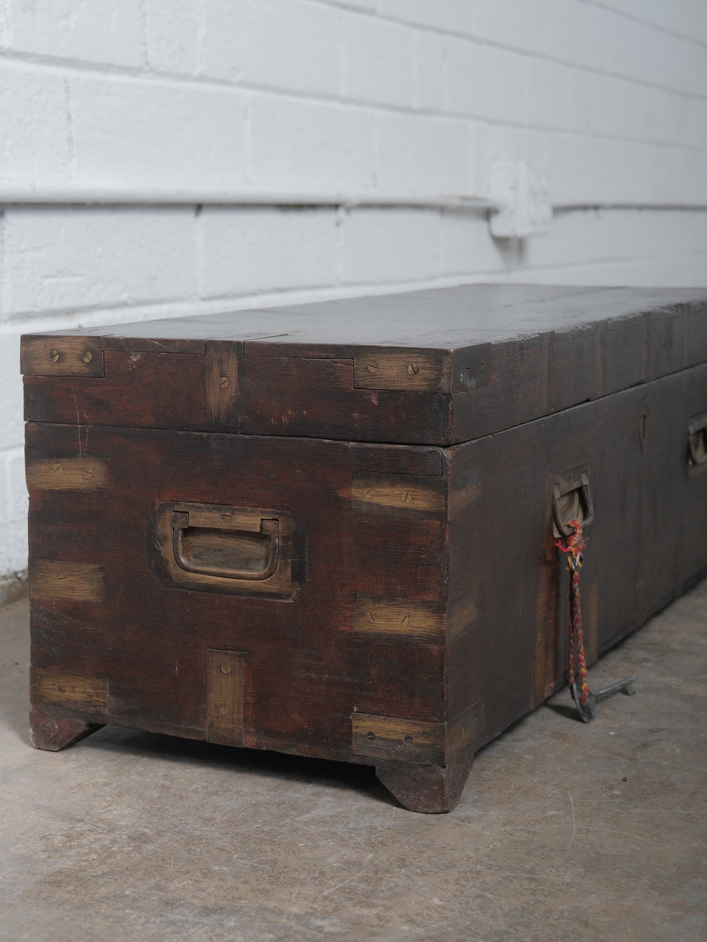 Rustic Dark Wood Storage Chest with Brass Plate Joinery and Key