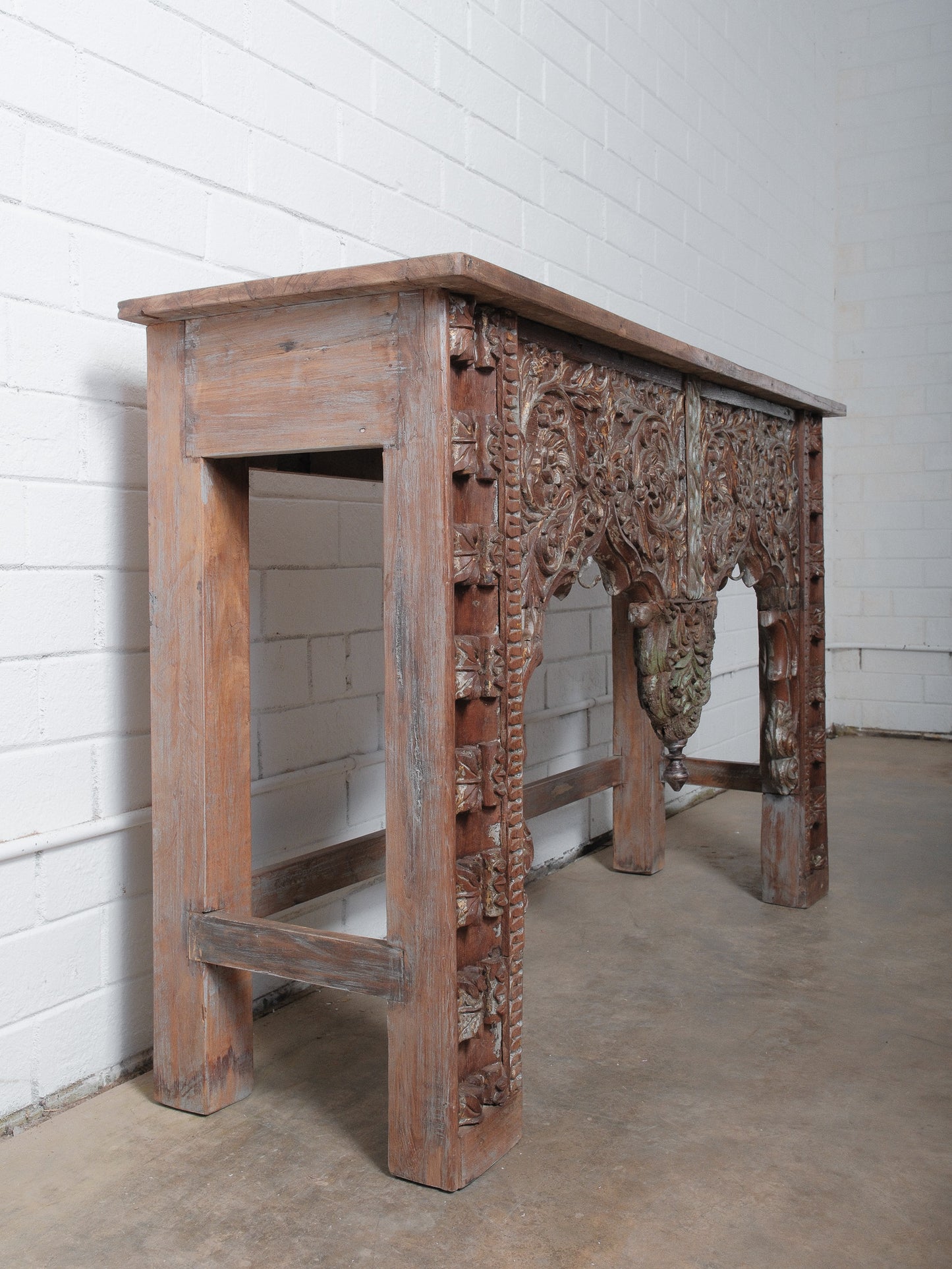 Hand-Carved Wooden Console Table With Ornate Floral Details