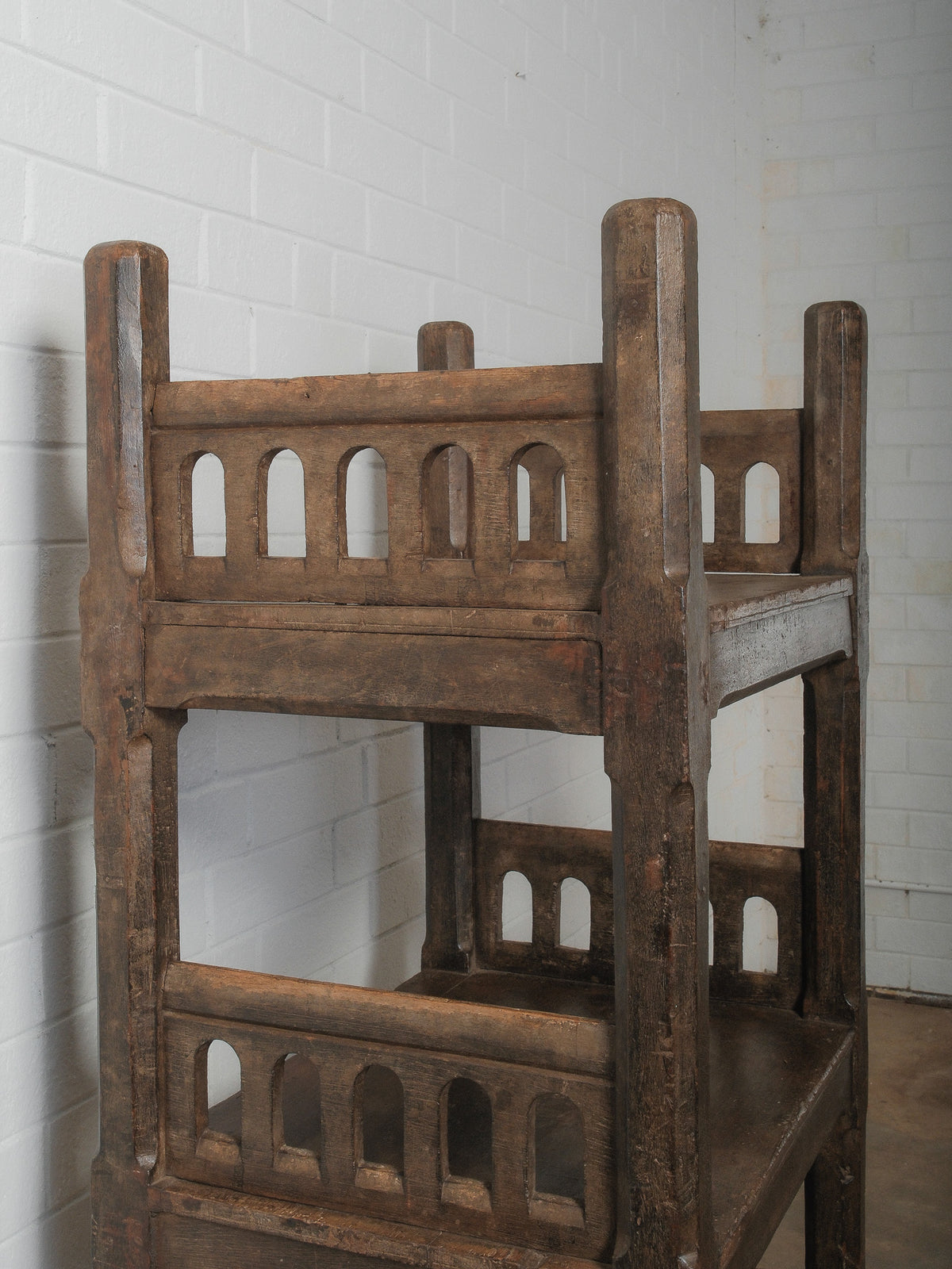Carved Wooden Shelf with Architectural Lattice Detail