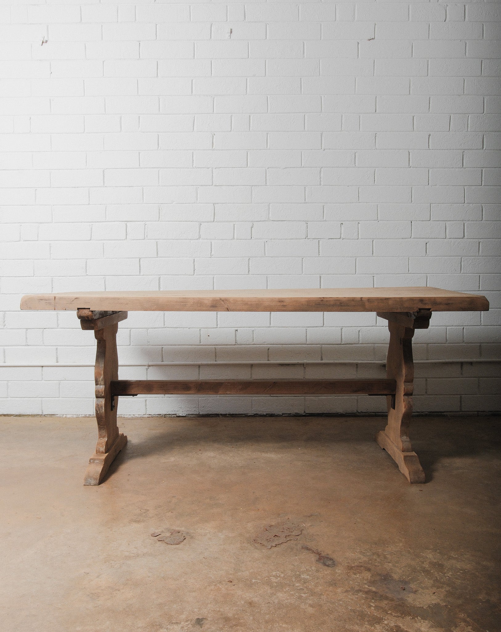 Rustic Hand-Carved Pine Trestle Dining Table with Shaped Pedestal Base ...
