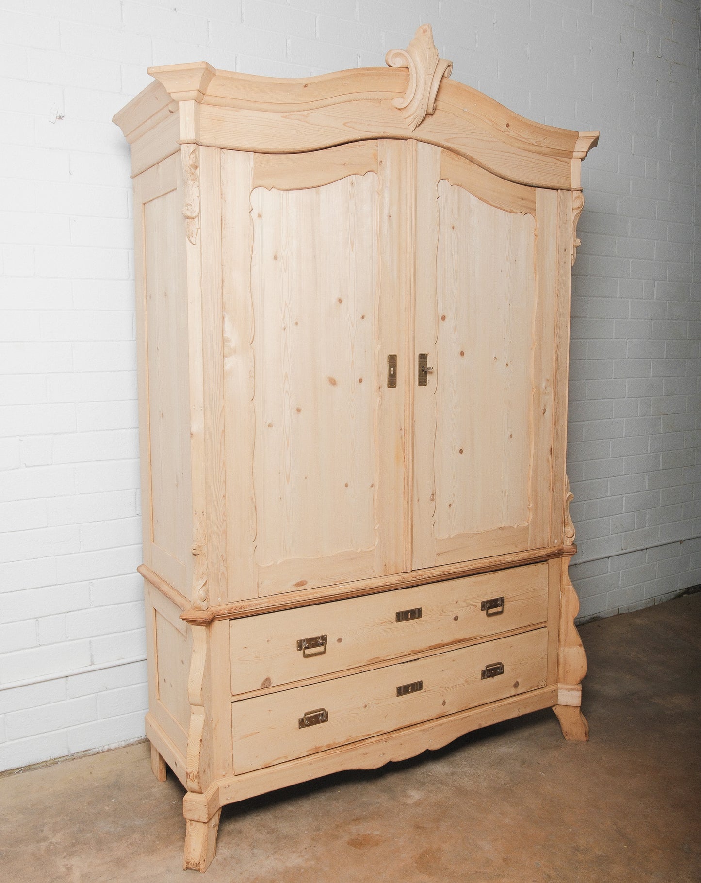 20th Century Carved Pine Armoire with Drawers and Rococo Revival Crest
