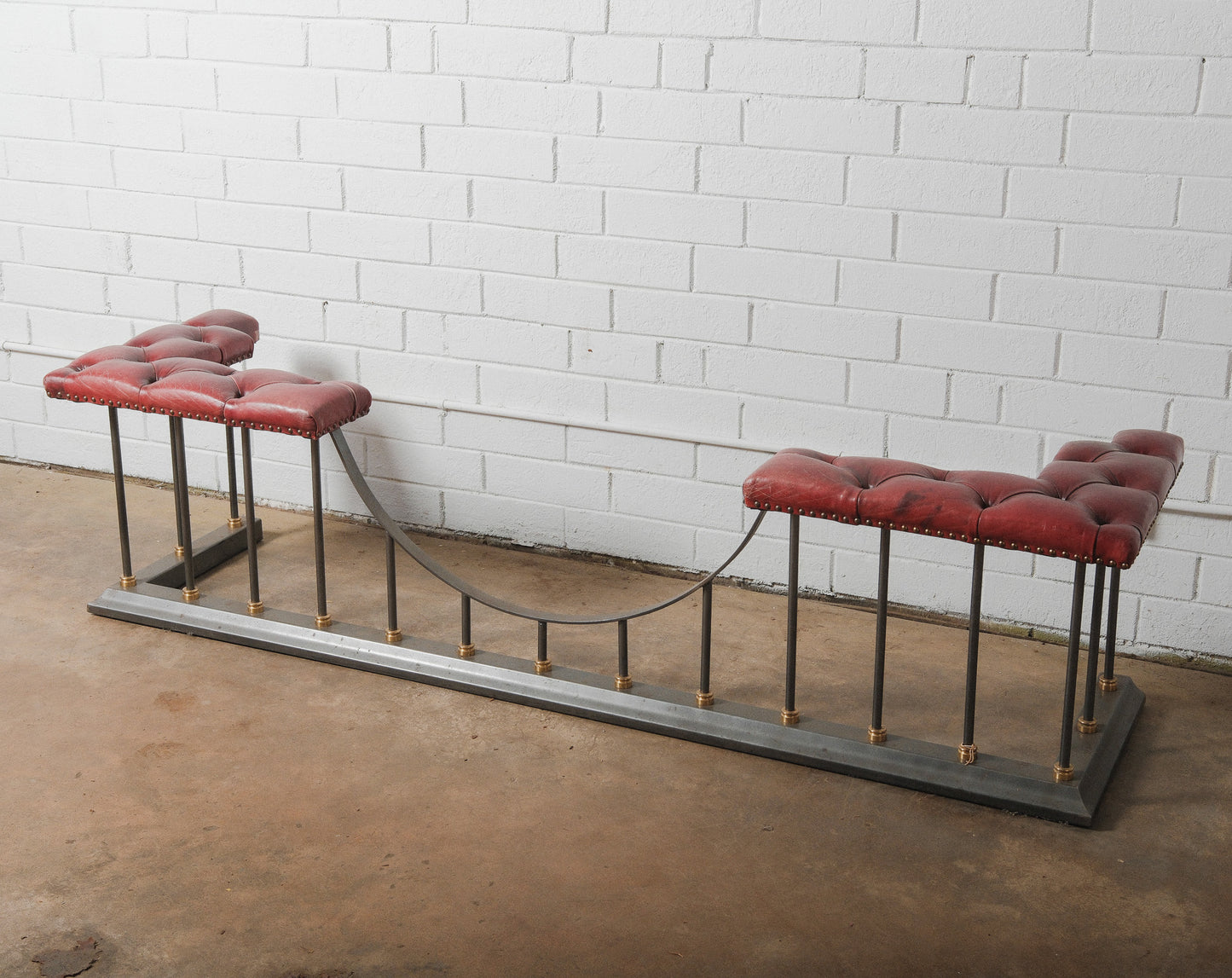 Chesterfield Leather and Iron Fireplace Club Fender with Tufted Burgundy Seating