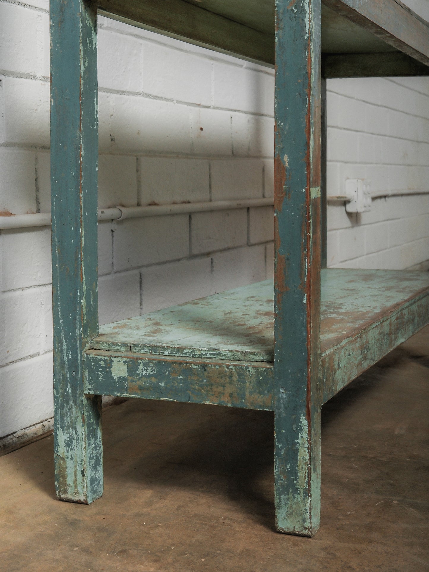 Handcrafted Wooden Shelf with Original Distressed Blue-Green Paint