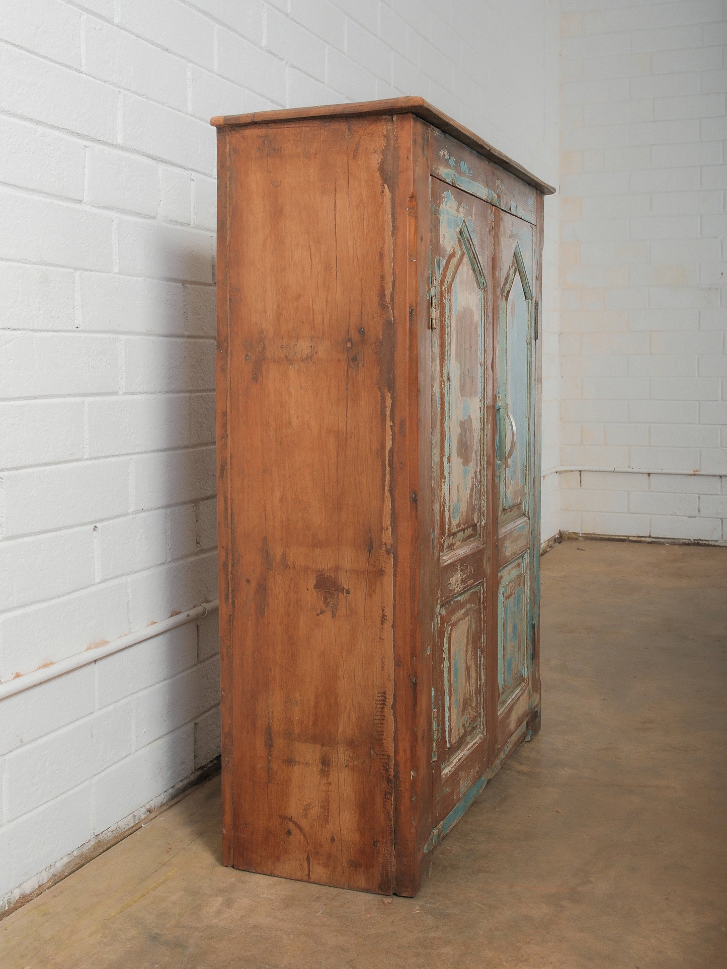 Chippy Blue Painted Wooden Storage Cabinet with Paneled Doors