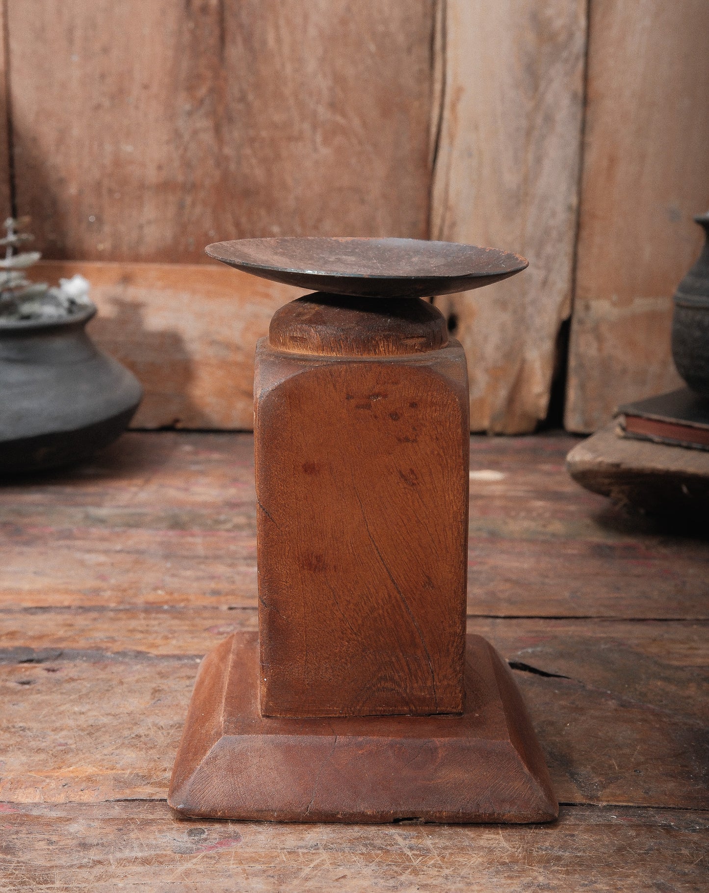 Vintage Architectural Wood Candle Holder with Block Pedestal
