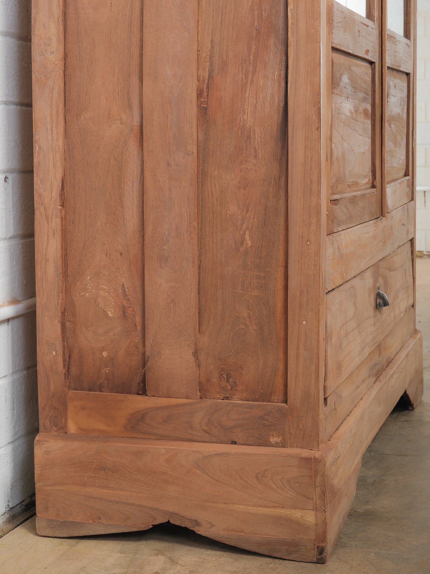 Indian Teak Glass Front Almirah Cabinet with Drawers and Interior Shelving