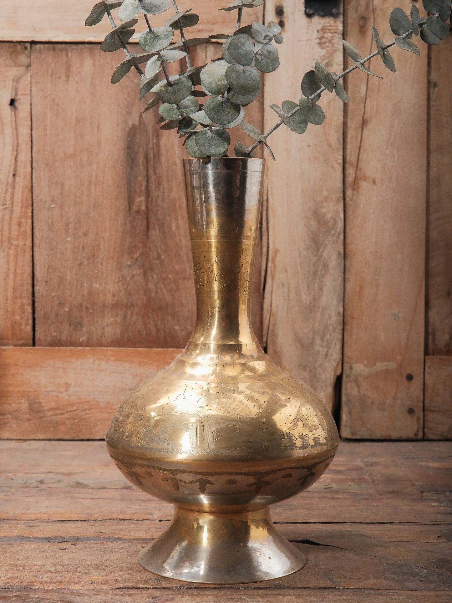 Vintage Engraved Brass Lota Vase | Tall Indian Water Vessel