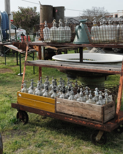 Vintage Soda Siphon Bottles in Wooden Crate