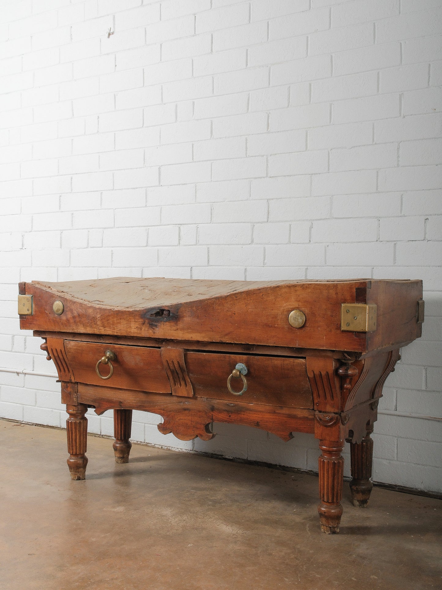 19th Century French Butcher’s Block Table with Drawers and Brass Mounts