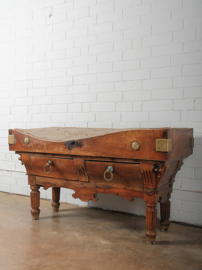 19th Century French Butcher’s Block Table with Drawers and Brass Mounts