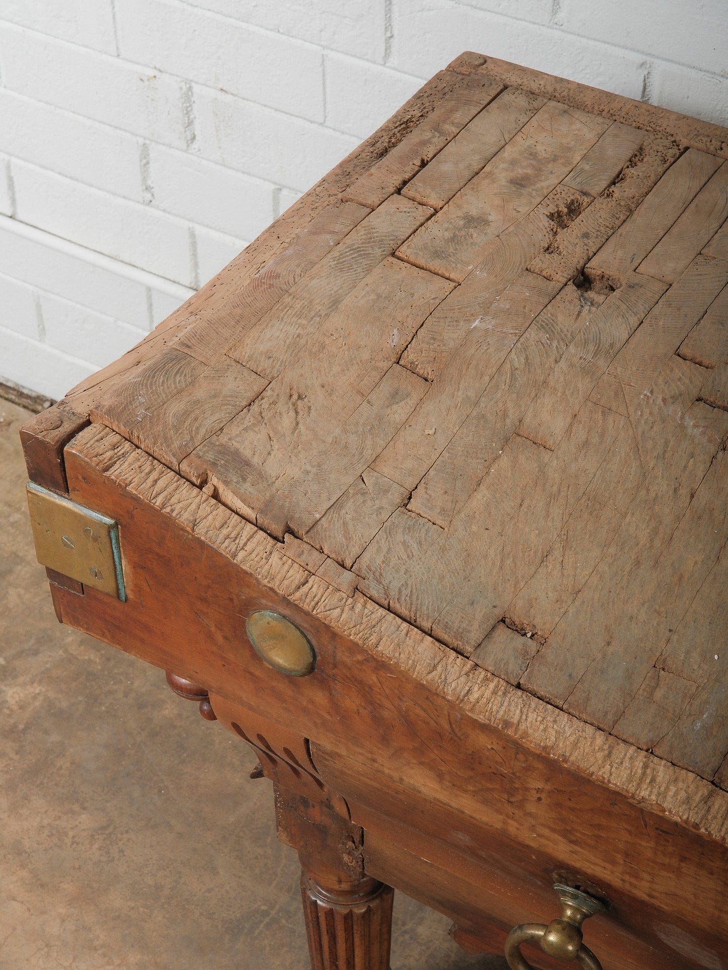 19th Century French Butcher’s Block Table with Drawers and Brass Mounts