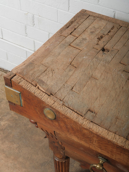 19th Century French Butcher’s Block Table with Drawers and Brass Mounts