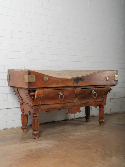 19th Century French Butcher’s Block Table with Drawers and Brass Mounts