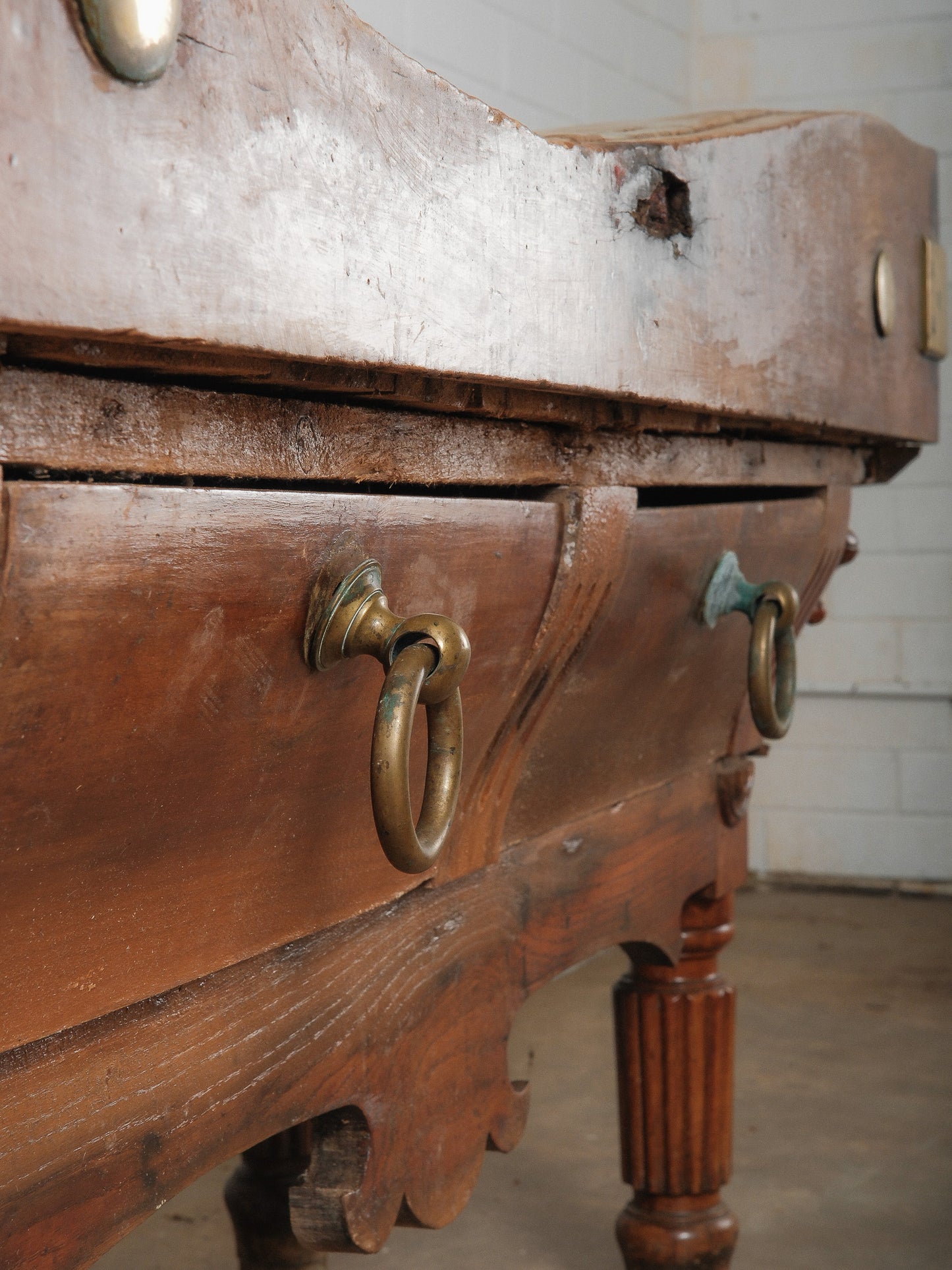 19th Century French Butcher’s Block Table with Drawers and Brass Mounts