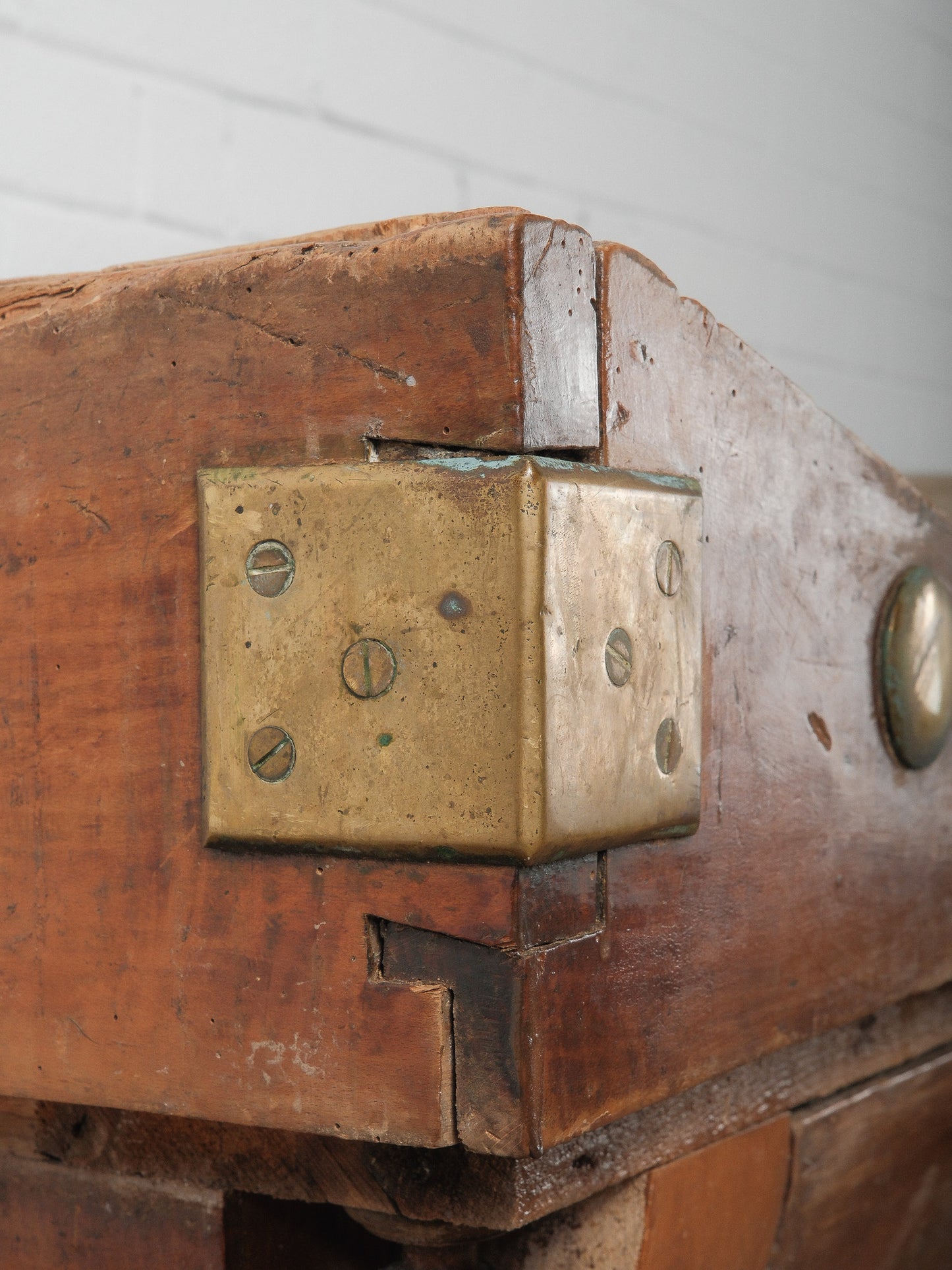 19th Century French Butcher’s Block Table with Drawers and Brass Mounts