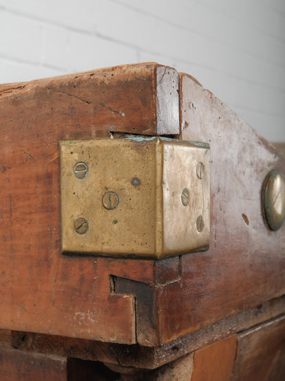 19th Century French Butcher’s Block Table with Drawers and Brass Mounts