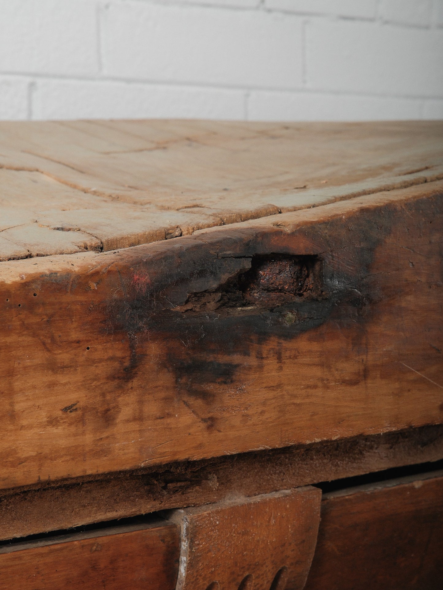 19th Century French Butcher’s Block Table with Drawers and Brass Mounts