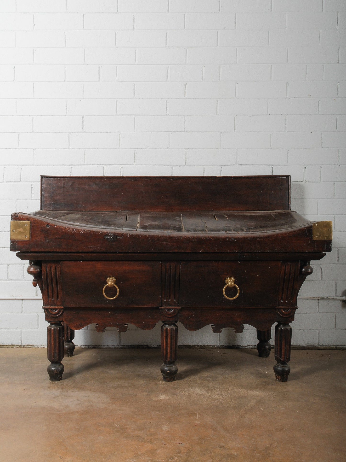 19th Century French Butcher’s Block Table with Backsplash Dark-Stained and Brass Mounted