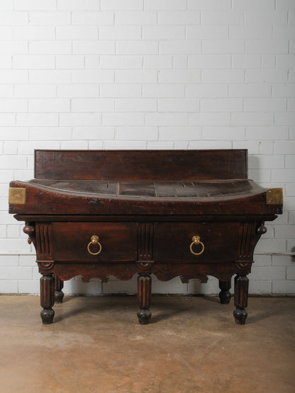 19th Century French Butcher’s Block Table with Backsplash Dark-Stained and Brass Mounted