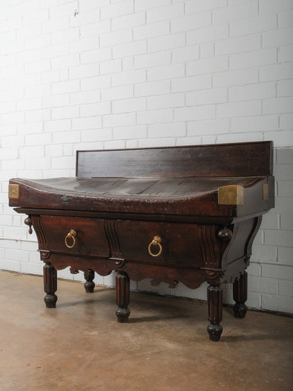 19th Century French Butcher’s Block Table with Backsplash Dark-Stained and Brass Mounted