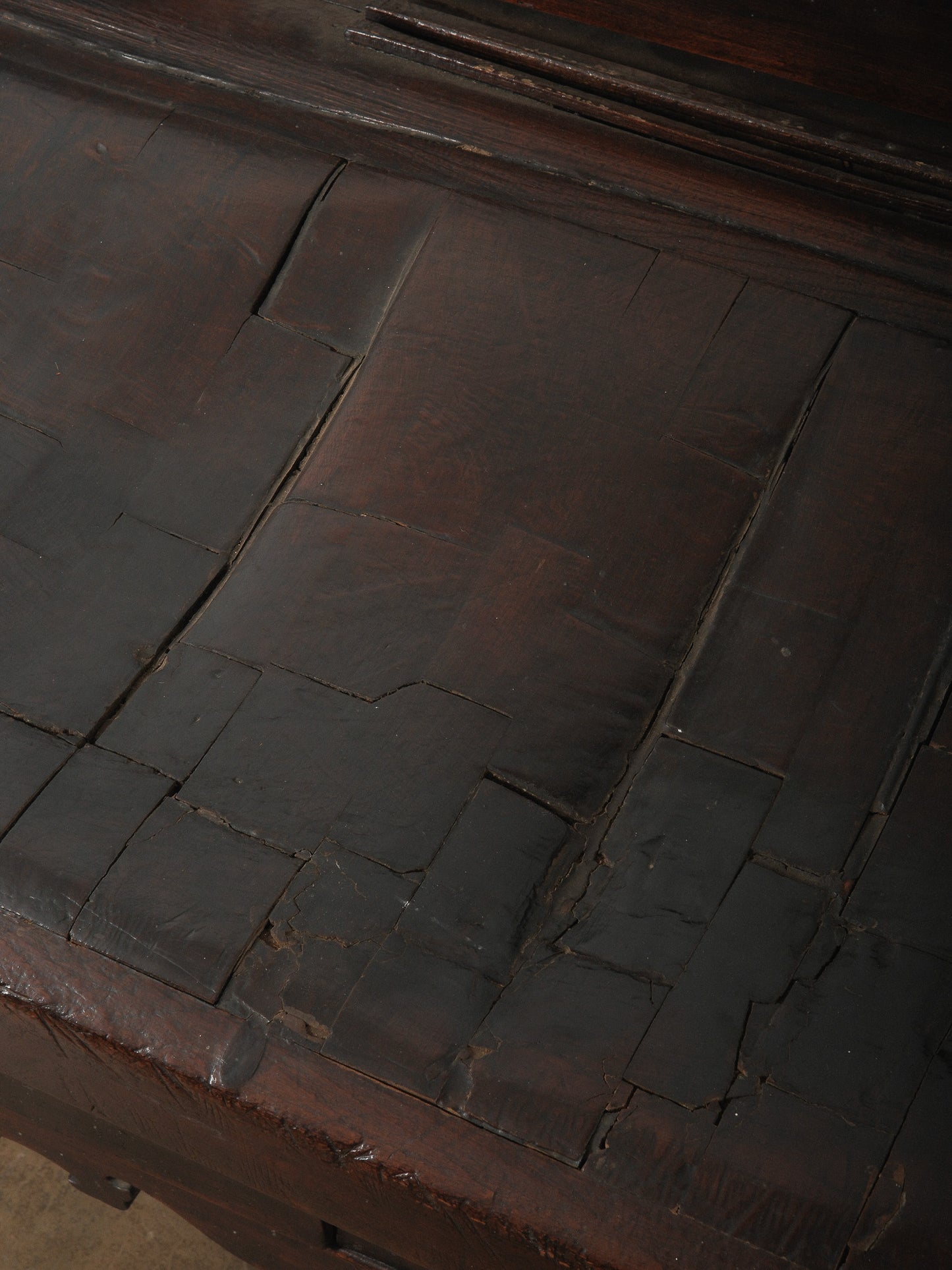 19th Century French Butcher’s Block Table with Backsplash Dark-Stained and Brass Mounted