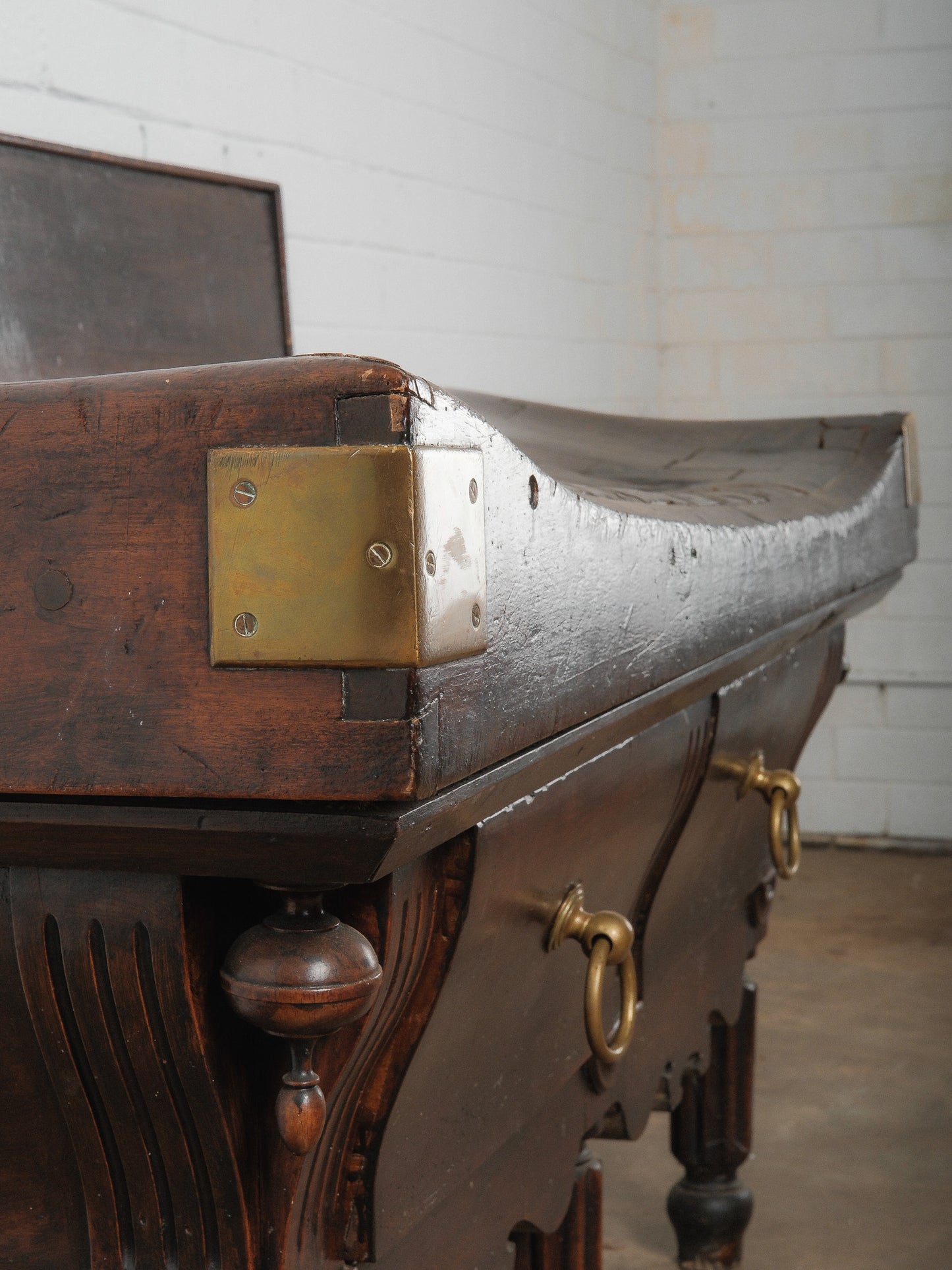 19th Century French Butcher’s Block Table with Backsplash Dark-Stained and Brass Mounted