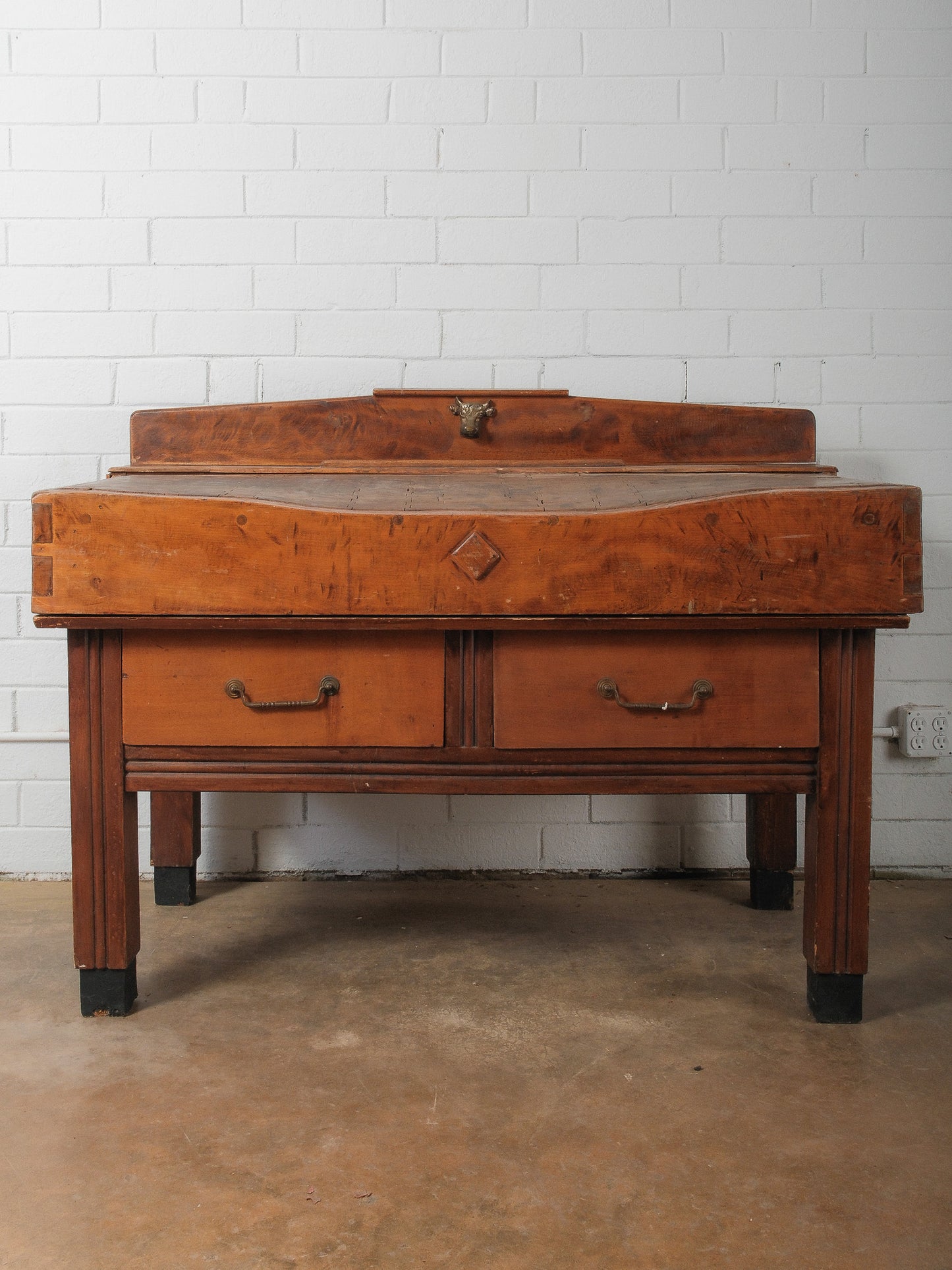Early 20th Century French Butcher’s Block Table With Bull’s Head Mount