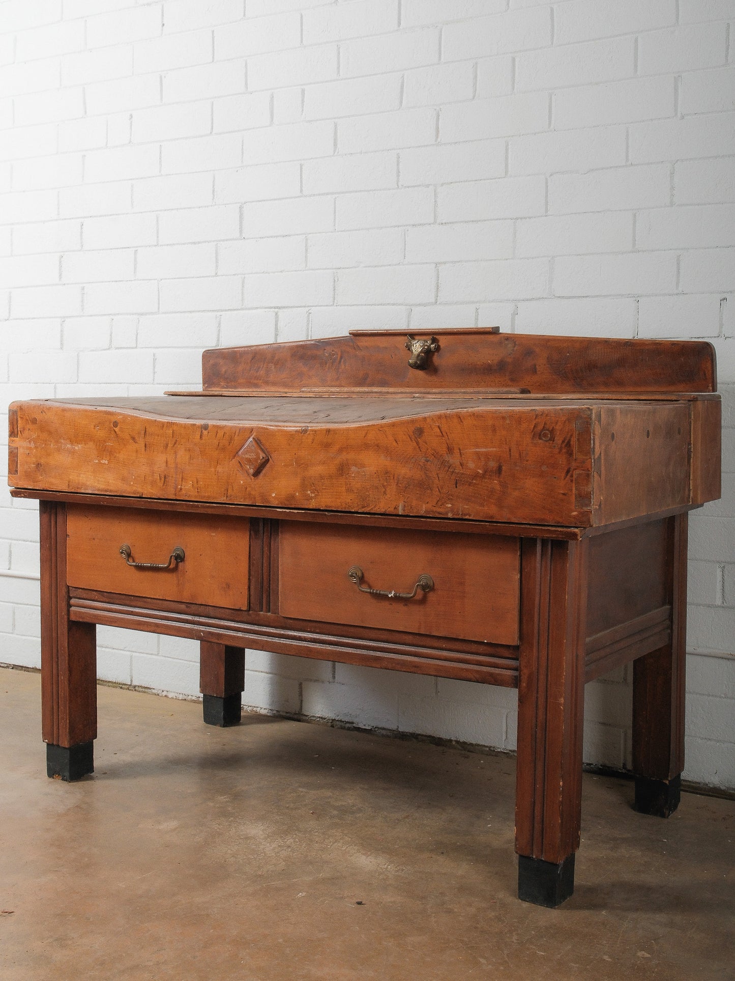 Early 20th Century French Butcher’s Block Table With Bull’s Head Mount
