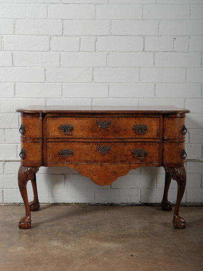 Early 20th Century English Burl Walnut Chippendale Style Lowboy Ball-and-Claw Console