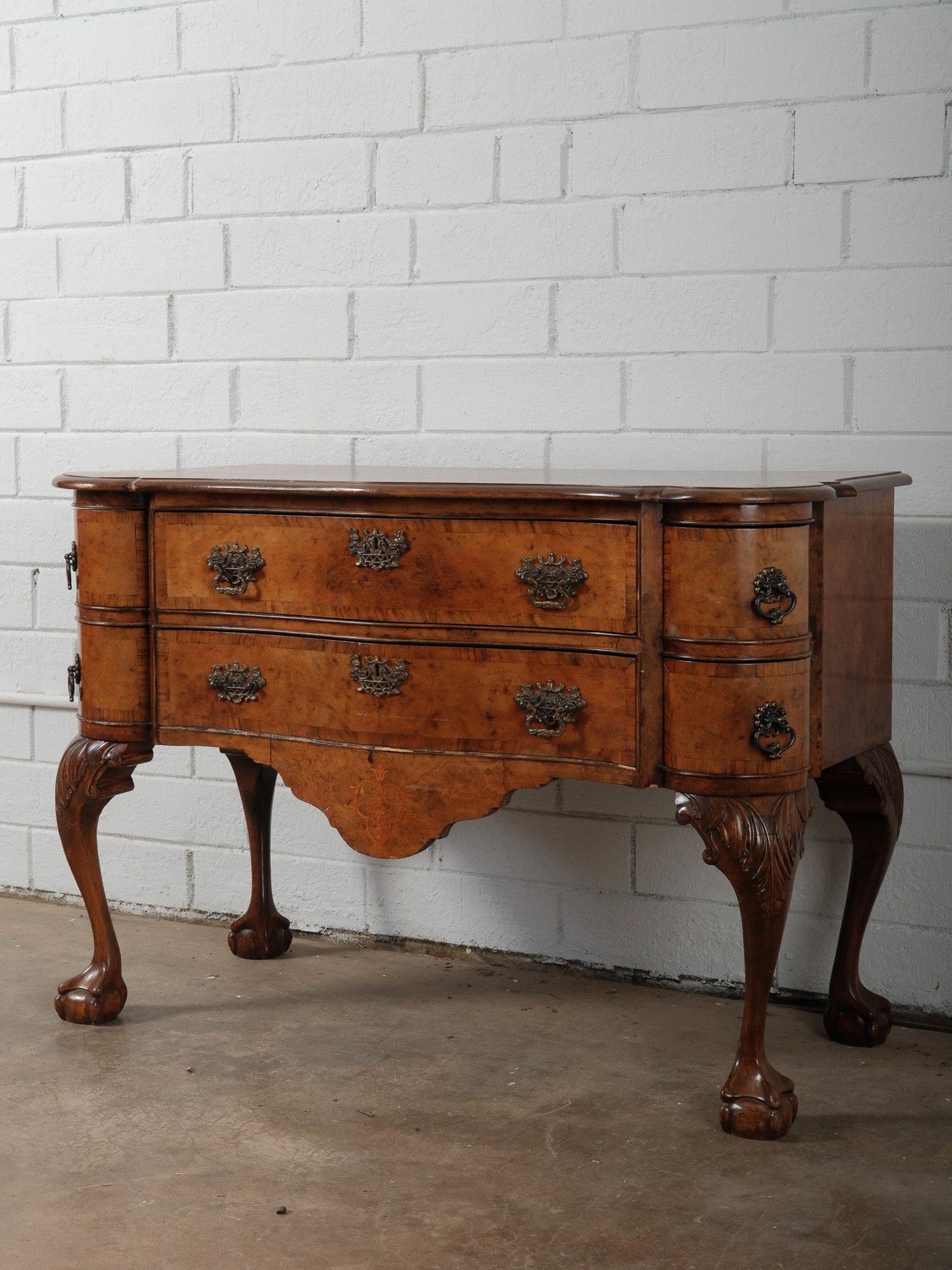 Early 20th Century English Burl Walnut Chippendale Style Lowboy Ball-and-Claw Console