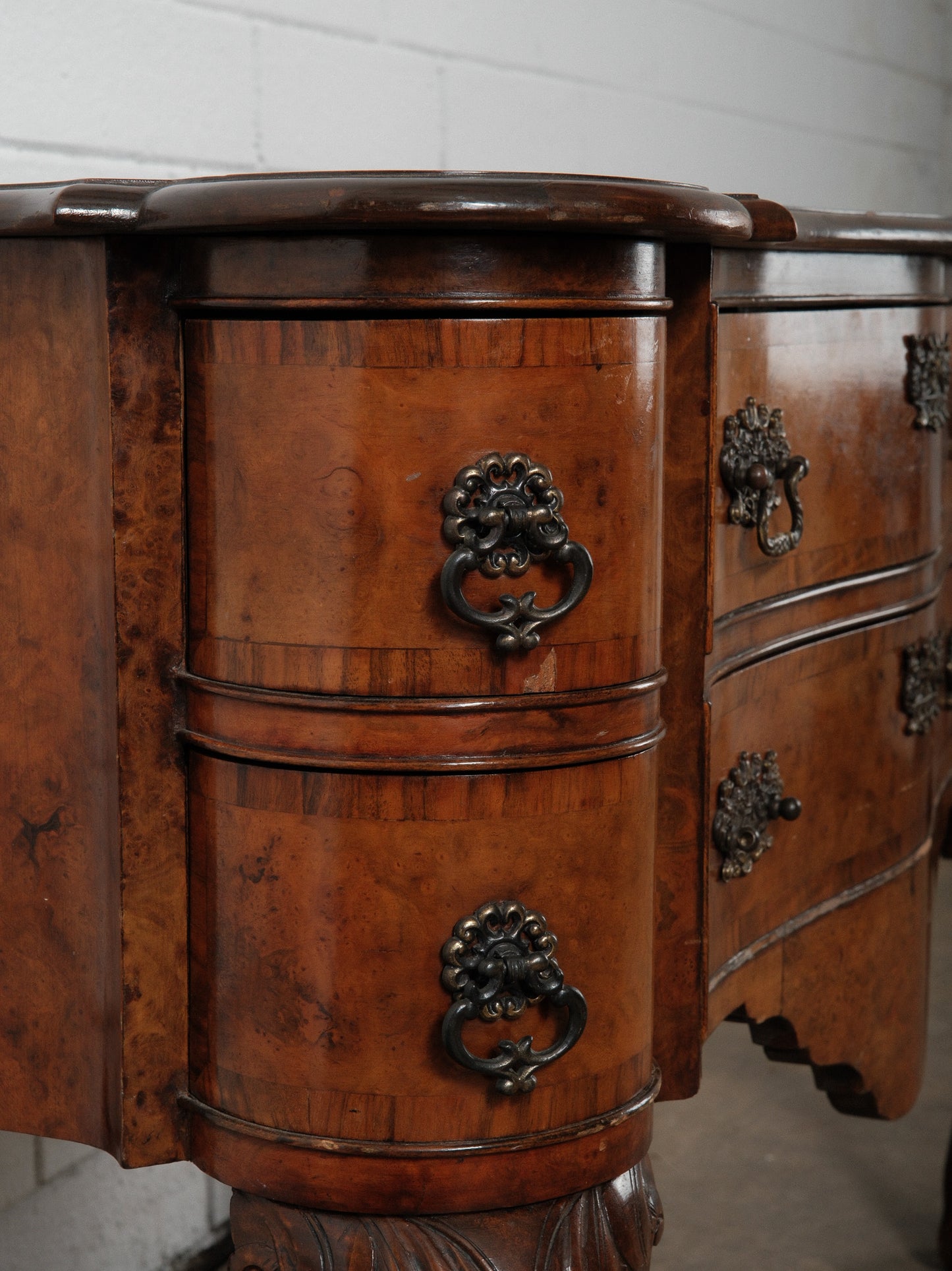 Early 20th Century English Burl Walnut Chippendale Style Lowboy Ball-and-Claw Console