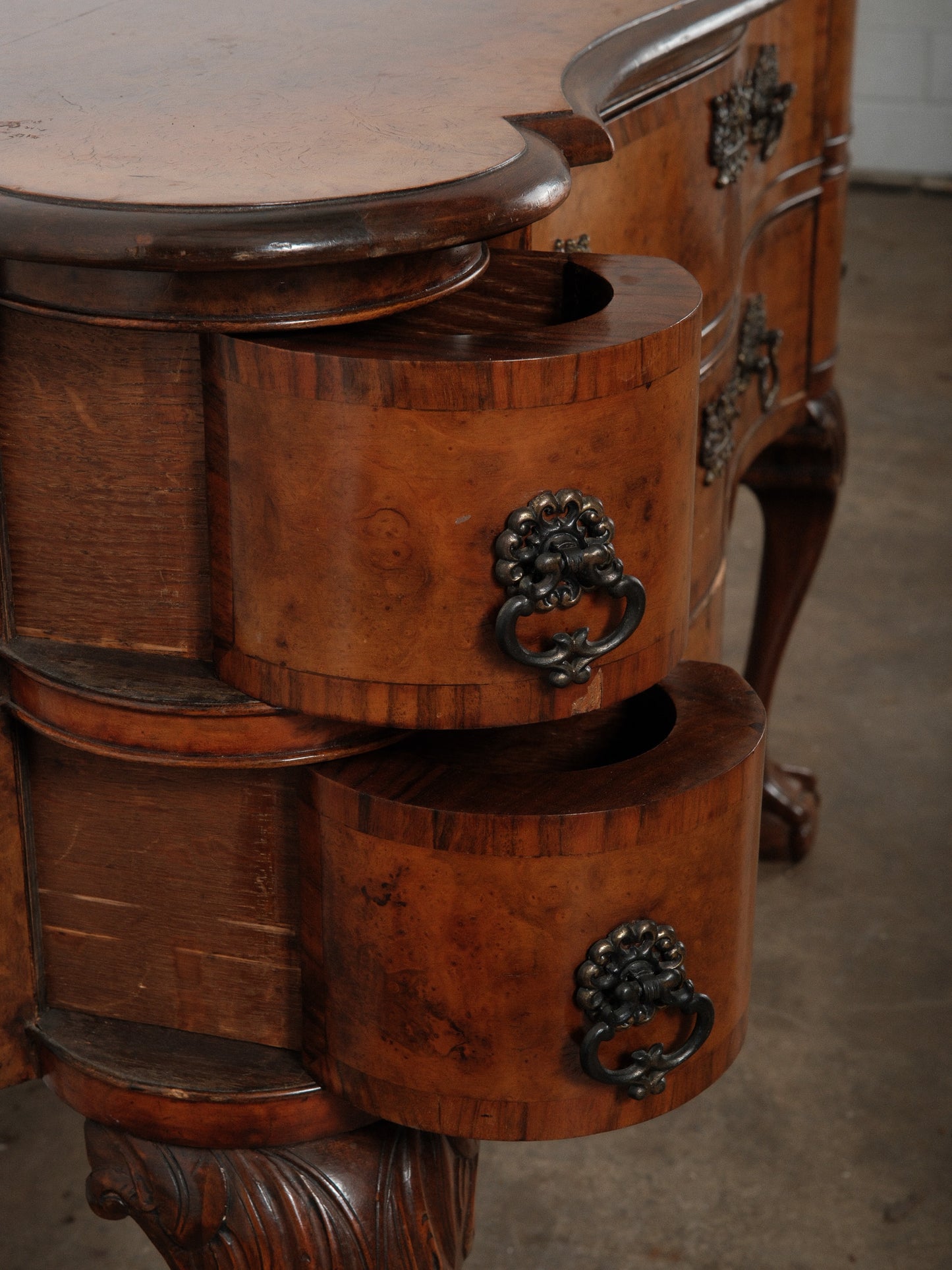 Early 20th Century English Burl Walnut Chippendale Style Lowboy Ball-and-Claw Console