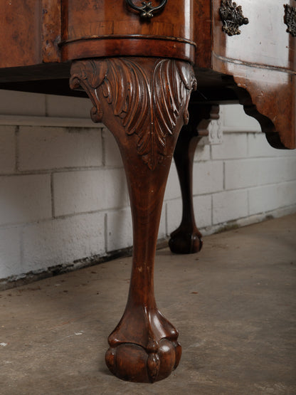 Early 20th Century English Burl Walnut Chippendale Style Lowboy Ball-and-Claw Console