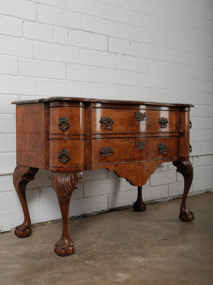 Early 20th Century English Burl Walnut Chippendale Style Lowboy Ball-and-Claw Console