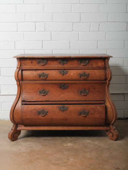 Antique 19th Century Dutch Bombe Oak Chest of Drawers with Ornate Brass Hardware