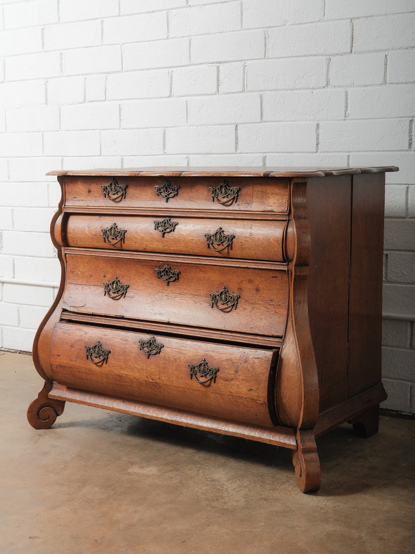 Antique 19th Century Dutch Bombe Oak Chest of Drawers with Ornate Brass Hardware
