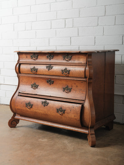 Antique 19th Century Dutch Bombe Oak Chest of Drawers with Ornate Brass Hardware
