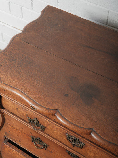 Antique 19th Century Dutch Bombe Oak Chest of Drawers with Ornate Brass Hardware