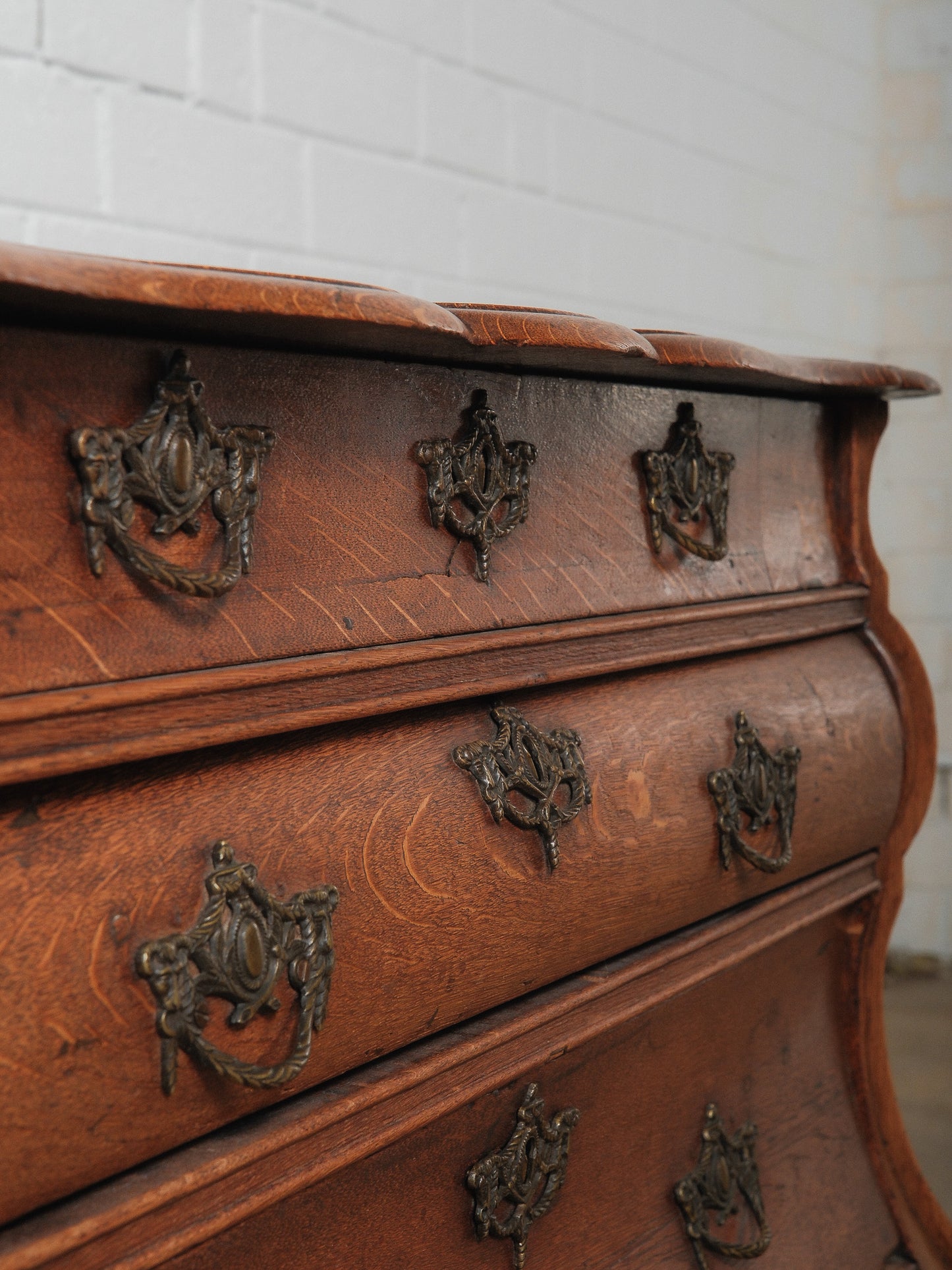 Antique 19th Century Dutch Bombe Oak Chest of Drawers with Ornate Brass Hardware