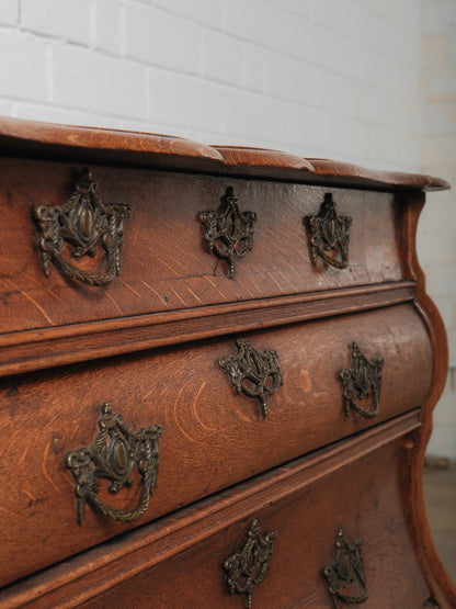 Antique 19th Century Dutch Bombe Oak Chest of Drawers with Ornate Brass Hardware