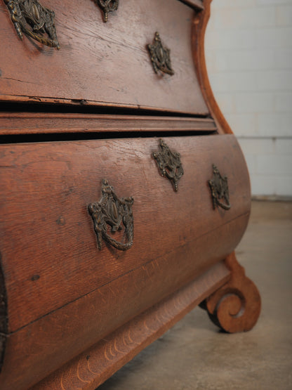Antique 19th Century Dutch Bombe Oak Chest of Drawers with Ornate Brass Hardware
