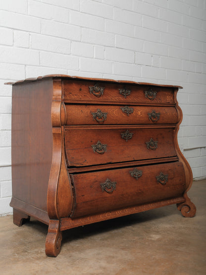 Antique 19th Century Dutch Bombe Oak Chest of Drawers with Ornate Brass Hardware