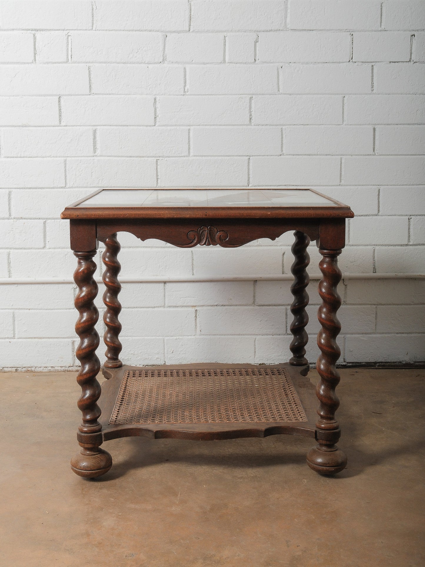 Antique Oak Tile-Top Side Table with Nautical Scene and Barley Twist Legs