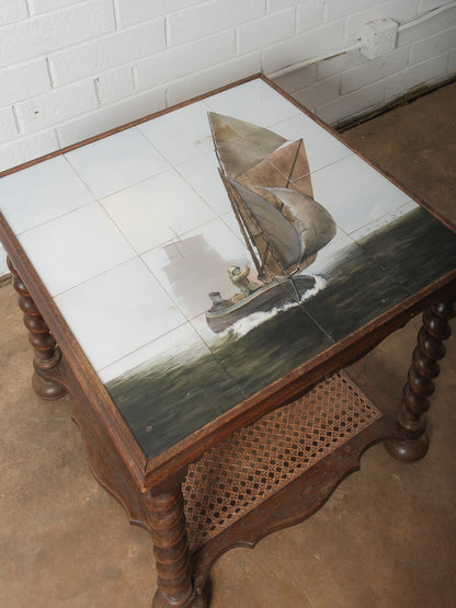 Antique Oak Tile-Top Side Table with Nautical Scene and Barley Twist Legs