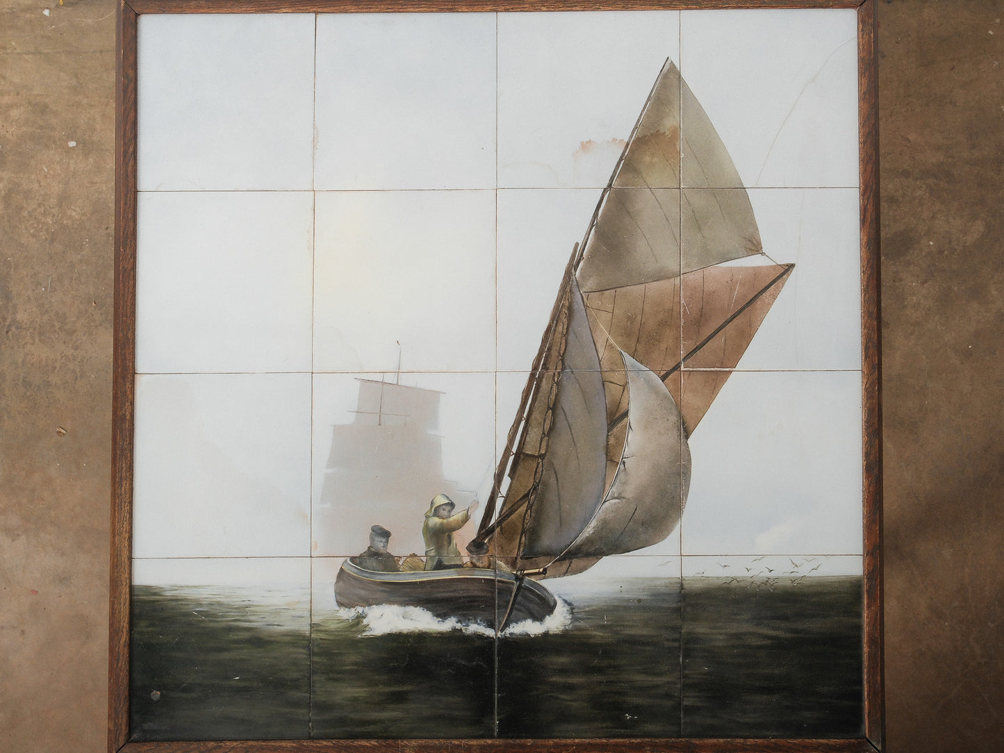Antique Oak Tile-Top Side Table with Nautical Scene and Barley Twist Legs